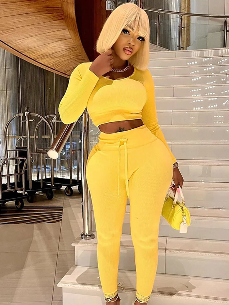 

Silm Casual Soild Pant Two Piece Sets Womens Outifits Lace-up Fashion Yellow Trousers Spliced O-Neck Long Sleeve Navel-less Tops