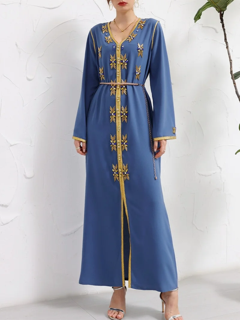 

Party Festive Dress for Women Luxury Hand-Sewn Gold V Neck Diamond Robe Middle East Arabic Oman Dubai Moroccan Caftan +Belt 2022