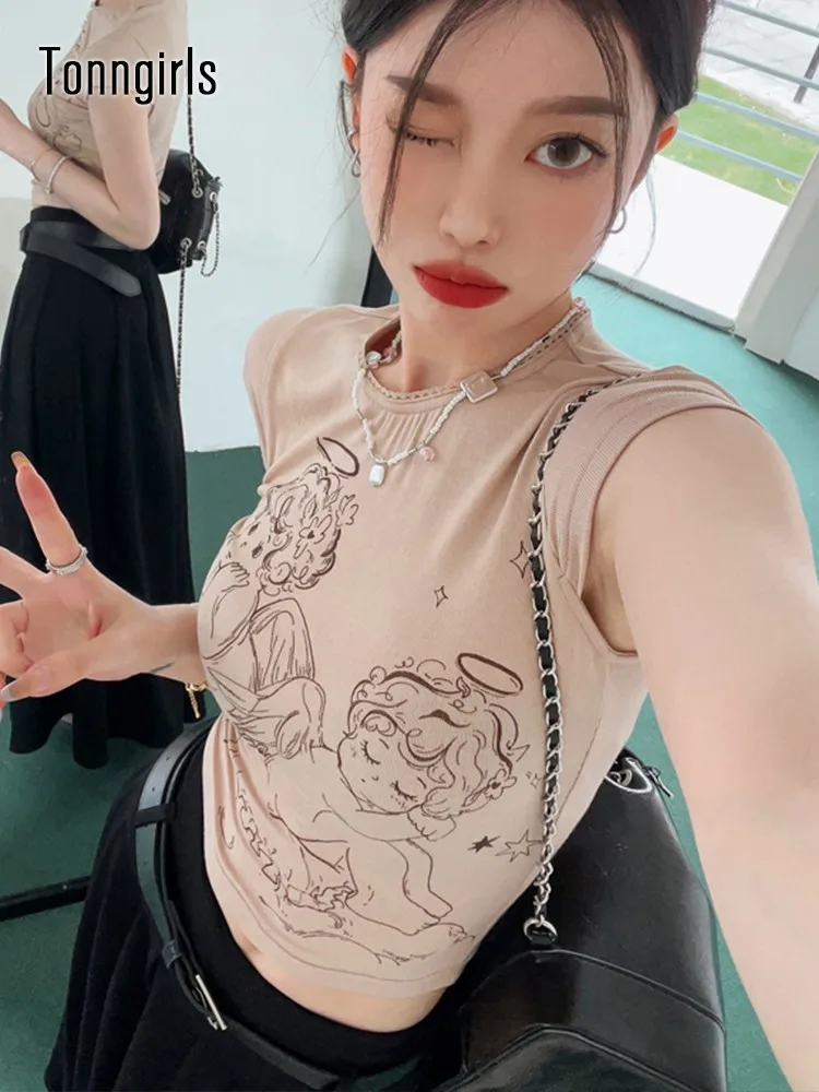 

Tonngirls Gothic Y2k Vintage Tops Short Sleeve Grunge Aesthetic Crop Tops Japanese 2000s Funny T Shirts Women Skinny E Girl Tops