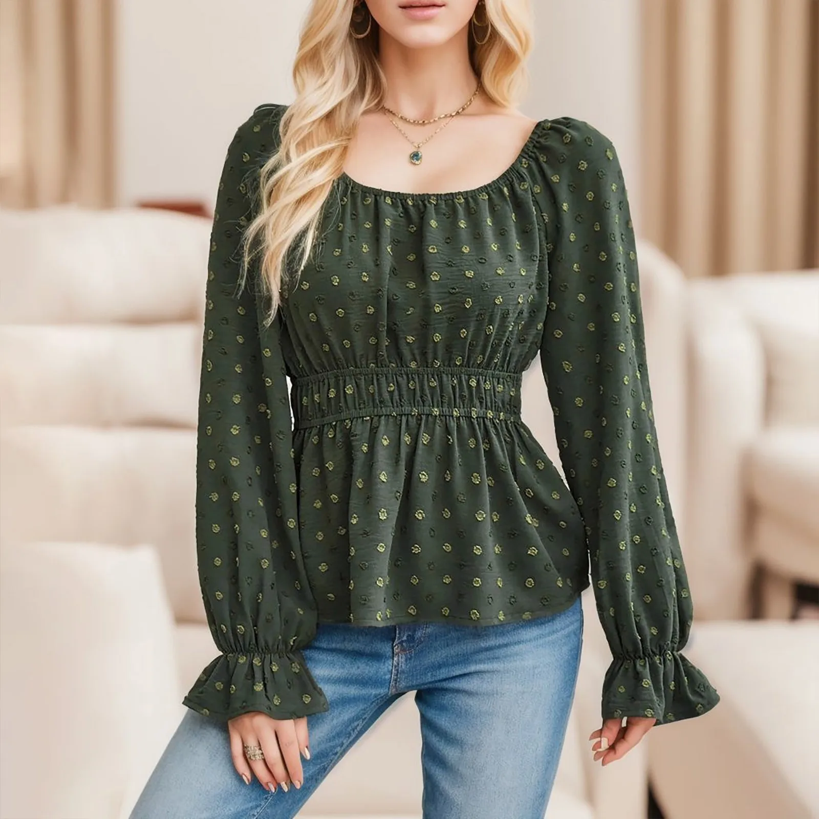 Женская блузка с оборками и квадратным вырезом, рубашки с эластичным поясом, плиссированная рубашка с оборками и длинным рукавом, жаккардовые топы, свободные блузки на осень
Женская блузка с оборками и квадратным вырезом, рубашки с эластичным поясом, плиссированная рубашка с оборками и длинным рукавом, жаккардовые топы, свободные блузки на осень