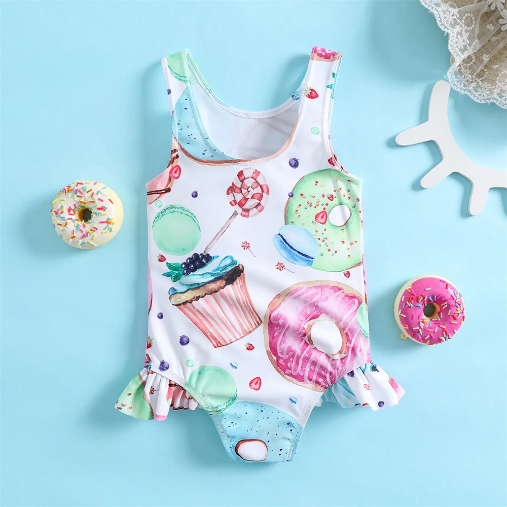 

2023 Newborn Girls Swimsuit One-piece Kawaii Doughnut Swimwear Baby Girl Toddlers Summer Seaside Beachwear Overall