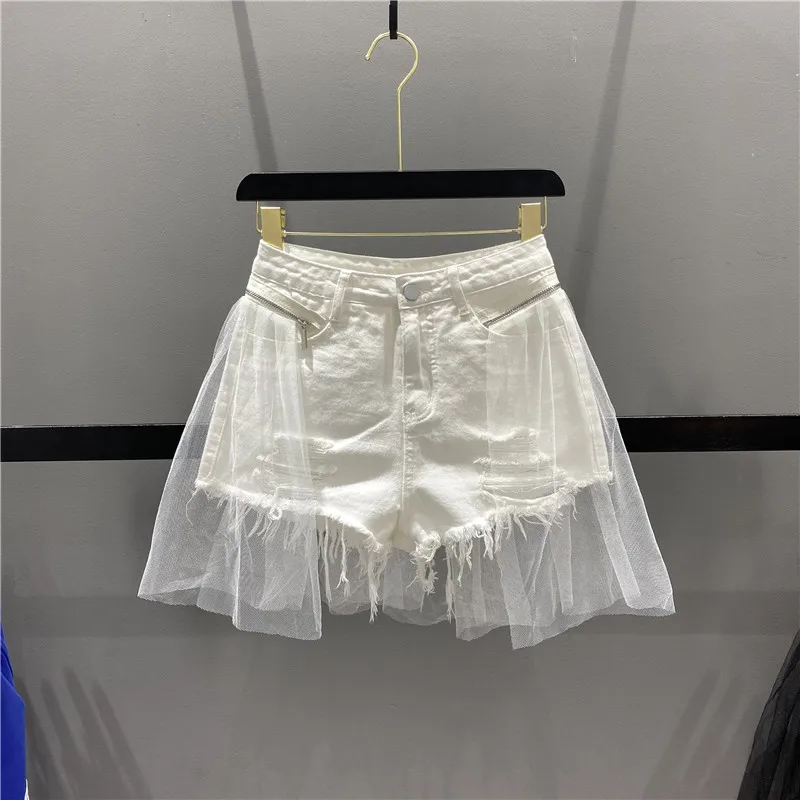 Women's Shorts Summer Mesh Stitching Fake Two-Piece Denim Shorts High Waist Ripped Shorts Raw Hem Wide Legs Hot Pants Fashion
Women's Shorts Summer Mesh Stitching Fake Two-Piece Denim Shorts High Waist Ripped Shorts Raw Hem Wide Legs Hot Pants Fashion