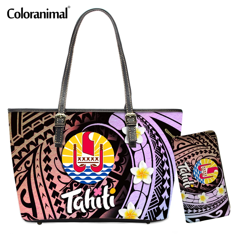 

Coloranimal Gradient Color Tahiti Polynesian Plumeria Prints Shoulder Bag for Women 2Pcs/Set PU Leather Big Handbag&Wallet Totes