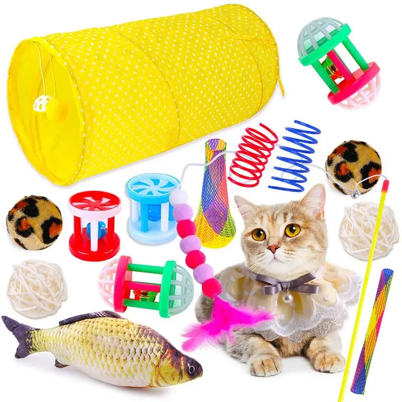 

Набор игрушек для котят 16 шт., игрушки для кошек, игрушки для котят, набор различных игрушек С Кошачьей Мятой, включая туннель, перо кошки, разноцветные шарики