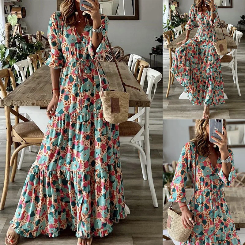 2023 Women's Dress Elegant V-neck 5/4 Sleeve Colorful Floral Pleated Stitch Large hem
2023 Women's Dress Elegant V-neck 5/4 Sleeve Colorful Floral Pleated Stitch Large hem