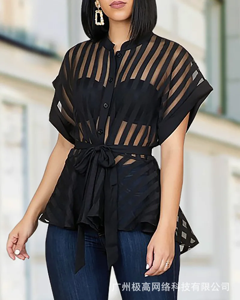 

Striped See Through Buttoned Tied Waist Shirt Women Spring Summer Short Sleeve Casual Shirts Blouse Top Black