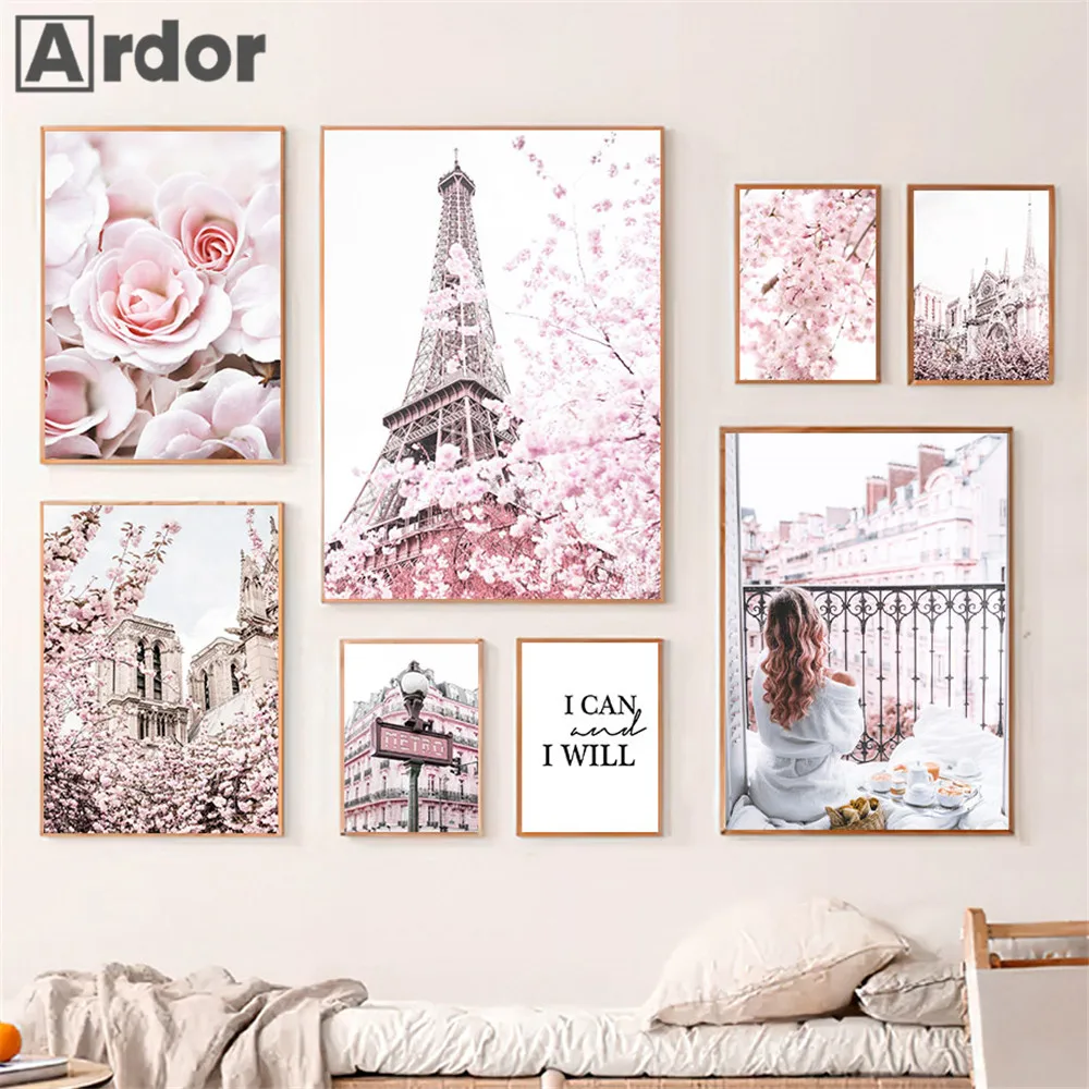 

Pink Cherry Flower Paris Tower Canvas Painting Castle Balcony Girl Poster Rose Wall Art Print Nordic Wall Pictures Bedroom Decor