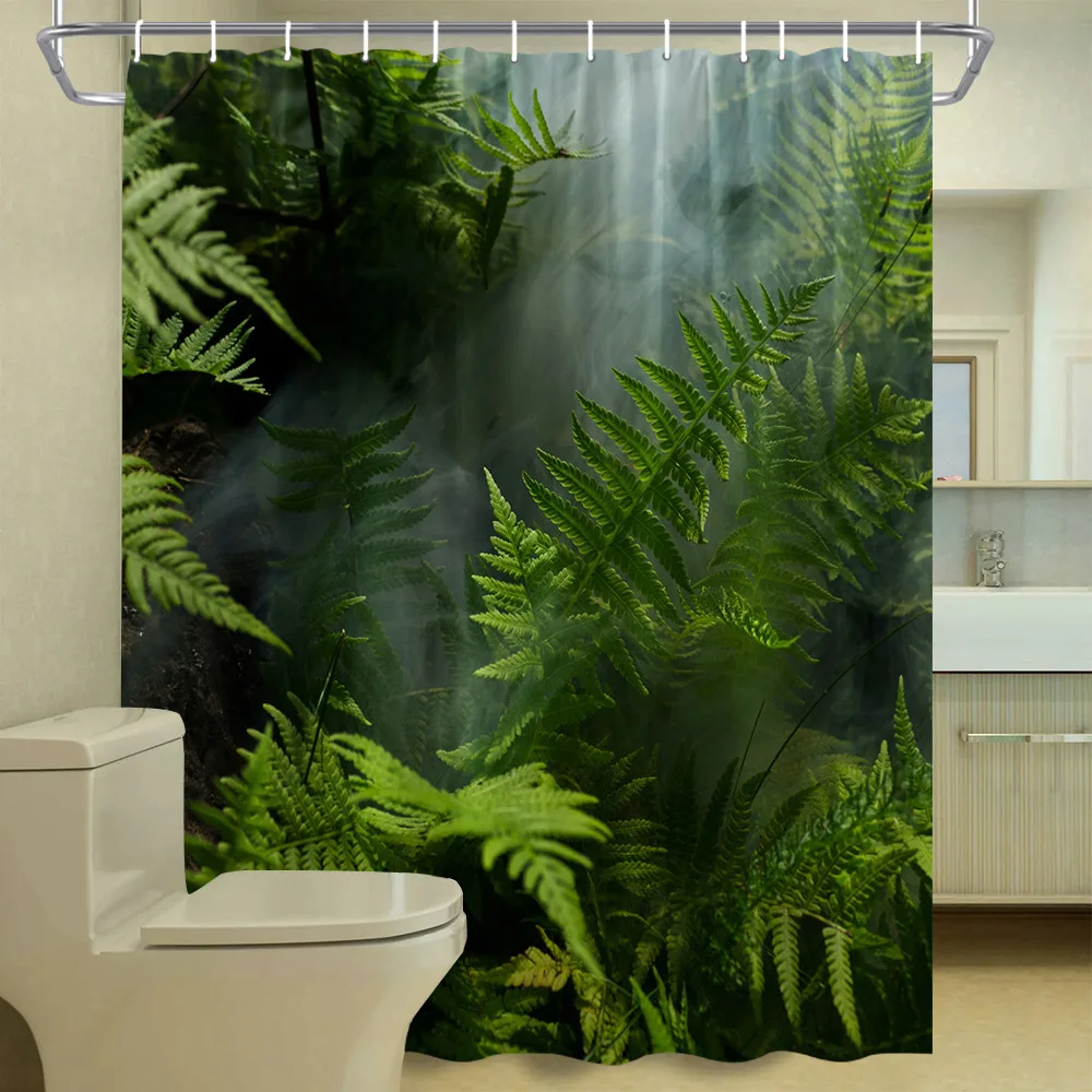 

Tropical Forest Landscape Shower Curtains Ocean Beach Palm Leaf Flamingo Green Leaves Plant Fabric Bathroom Decor Bath Curtain