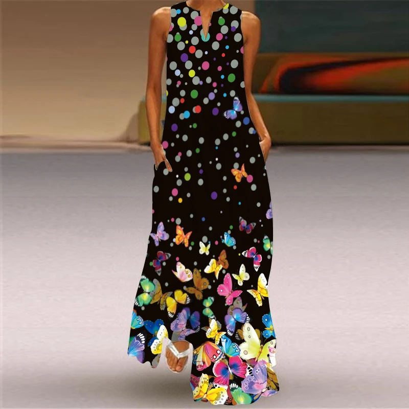 

Женское длинное пляжное платье без рукавов, повседневное элегантное платье с V-образным вырезом и принтом бабочек, лето 2022