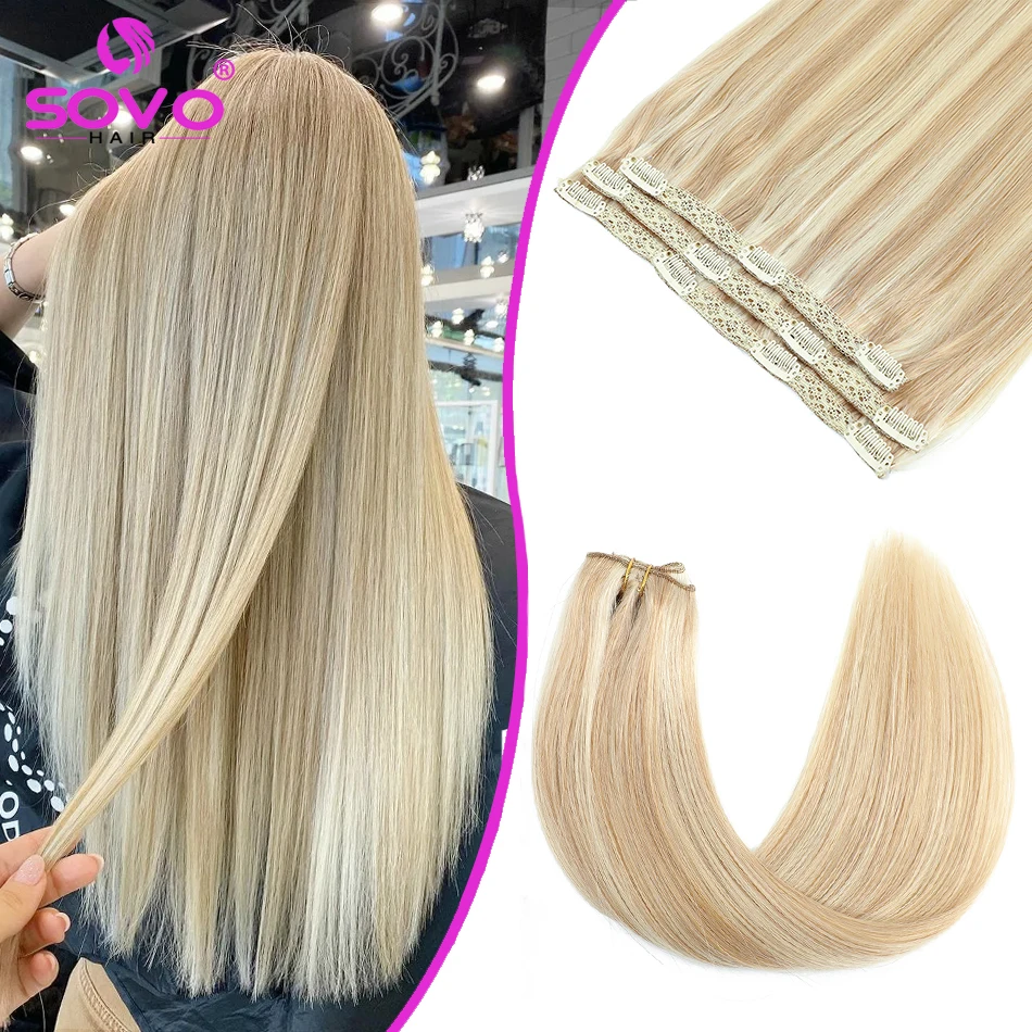 

SOVO Clip In Hair Extensions Human Hair 3 Pieces Bone Straight Clip Ins Hair Extension 60-90G Real Natural European Hair 12-26"