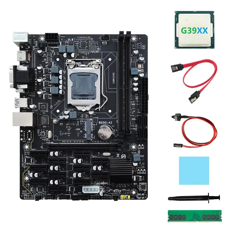 B250 V2.1 ETH Miner Motherboard 12PCIE+G39XX CPU+DDR4 4GB RAM+SATA Cable+Switch Cable+Thermal Grease+Thermal Pad
B250 V2.1 ETH Miner Motherboard 12PCIE+G39XX CPU+DDR4 4GB RAM+SATA Cable+Switch Cable+Thermal Grease+Thermal Pad