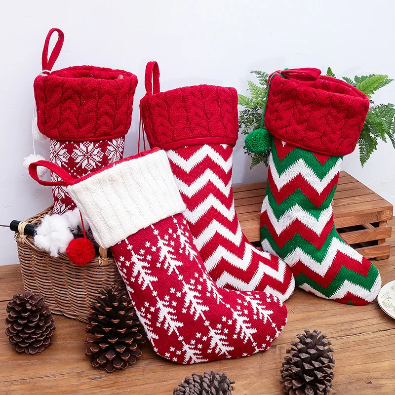 

NEW Red Knitted Christmas Stockings Xmas Gift Bags Snowflake Xmas Tree Stocking Gift Holder For Home Ornament Navidad Natal 2023