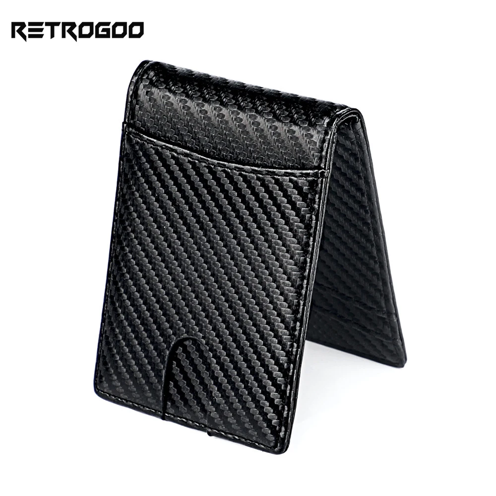 

RETROGOO RFID Blocking Slim Carbon Fiber Genuine Leather Money Clip Ultra Slim Thin Men Wallet ID Card Holder Biford Male Purse