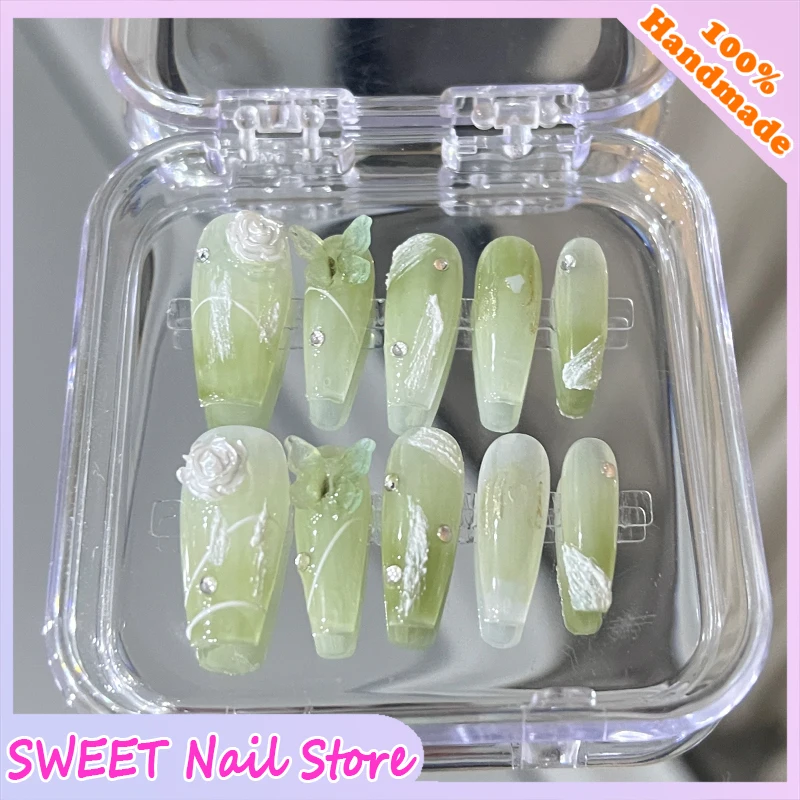 

2023 Green 3D Rose Nail Tips Butterf Press On Nails Accessories Camellia Long Coffin Pearls Girls False Nails Handmade