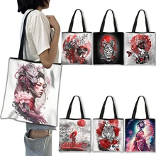 Japanese Geisha Painting Shoulder Bag Zen Ink Samurai / Sakura fubuki Women Tote Bags Large Capacity Reusable Eco Shopping Bag