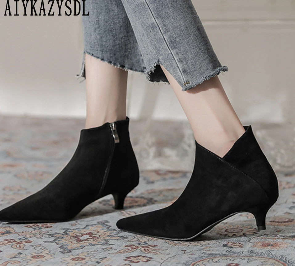 

AIYKAZYSDL Cut Out Style Kitten Low Heel Ankle Boots Woman Faux Suede Flock Bootie Spring Autumn Shoes Women Casual Office Lady