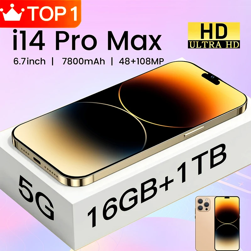 

2023Global Version I14 Pro Max Smart phone 16GB 1TB Full Screen Mobile Phone 6.7Inch Cellphone 48+108MP Camera 7800mAh Android13