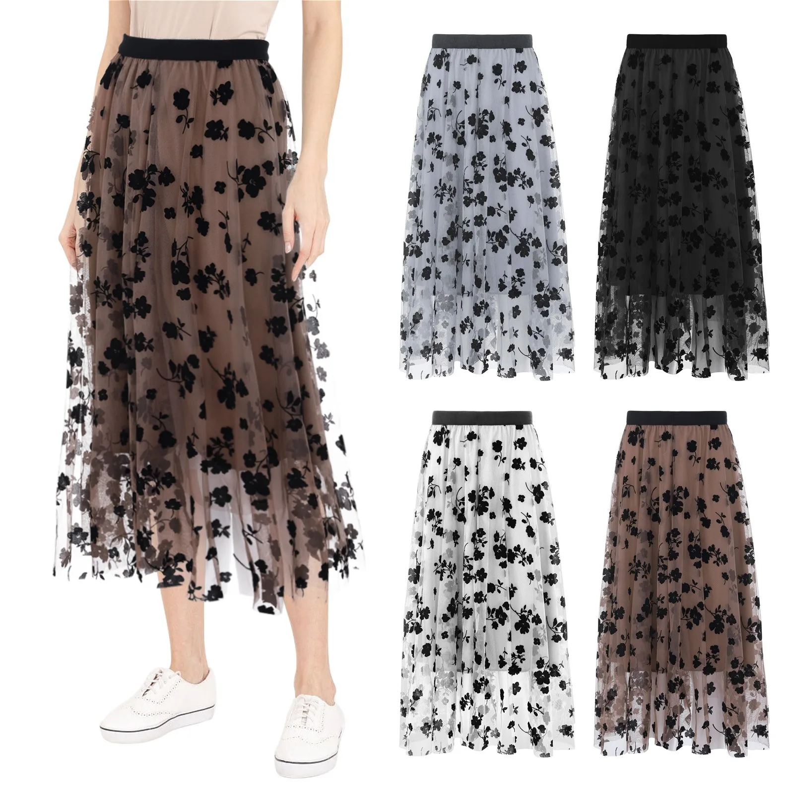 

Womail Long Mesh A-Line Skirts Black Floral Printing Women's Elastic High Waist Elegant Ladies Streetwear Tiered Tulle Ins Skirt