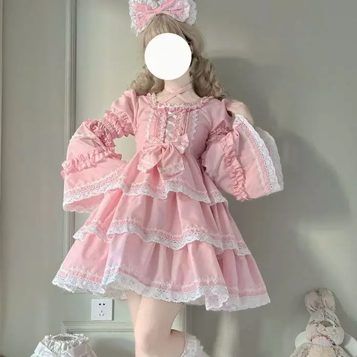 Japanese Gothic Lace Women Lolita Dress Kawaii Bow Pink Long Flare Sleeve Bandage Blue Princess Dress Vintage Victorian Dress
Japanese Gothic Lace Women Lolita Dress Kawaii Bow Pink Long Flare Sleeve Bandage Blue Princess Dress Vintage Victorian Dress