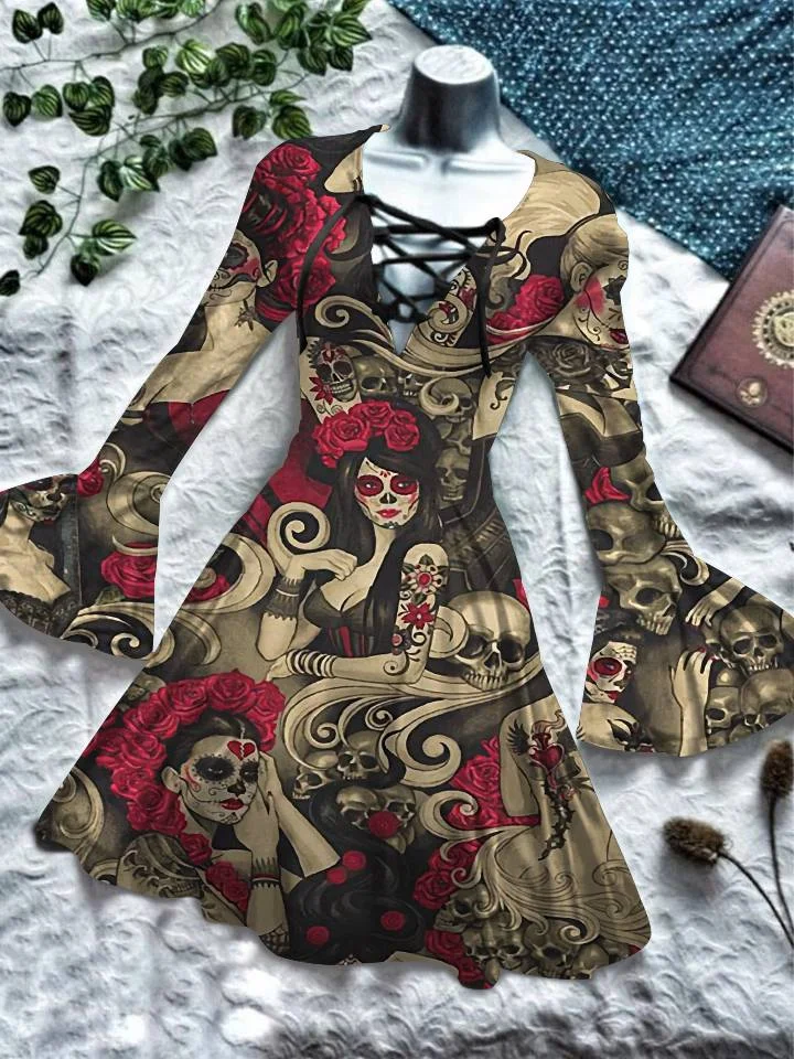 Women's Halloween Party Dress Speaker Long Sleeve V-Neck Drawstring Lace 3D Print Retro Casual A-line Slim Women's Wear
Women's Halloween Party Dress Speaker Long Sleeve V-Neck Drawstring Lace 3D Print Retro Casual A-line Slim Women's Wear