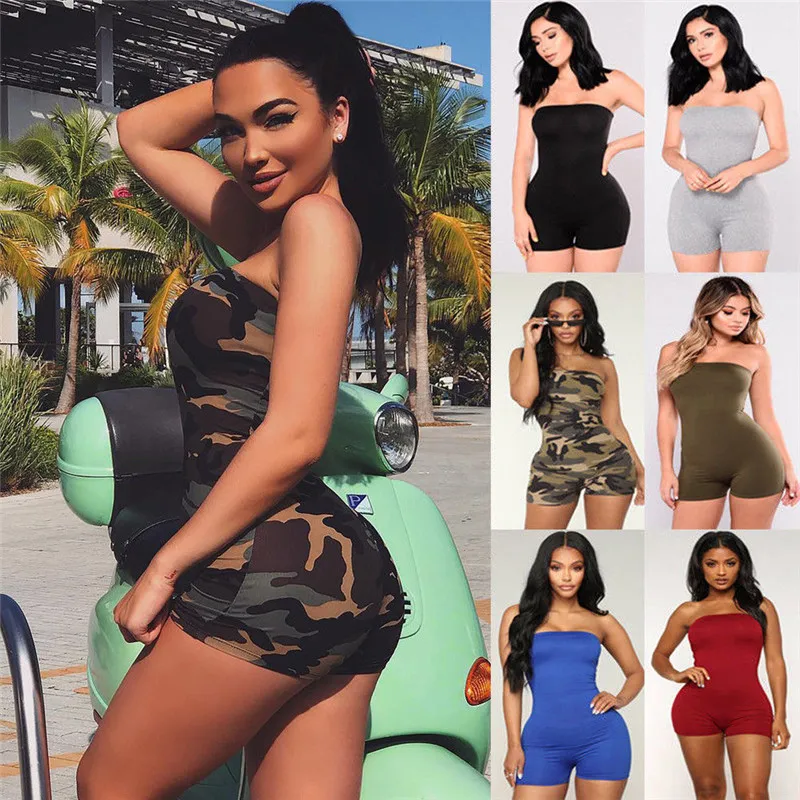 

Women Casual Sleeveless Bodycon Romper Jumpsuit Clubwear Playsuit Off Shoulder Strapless Print Camouflage Short Pants Rompers