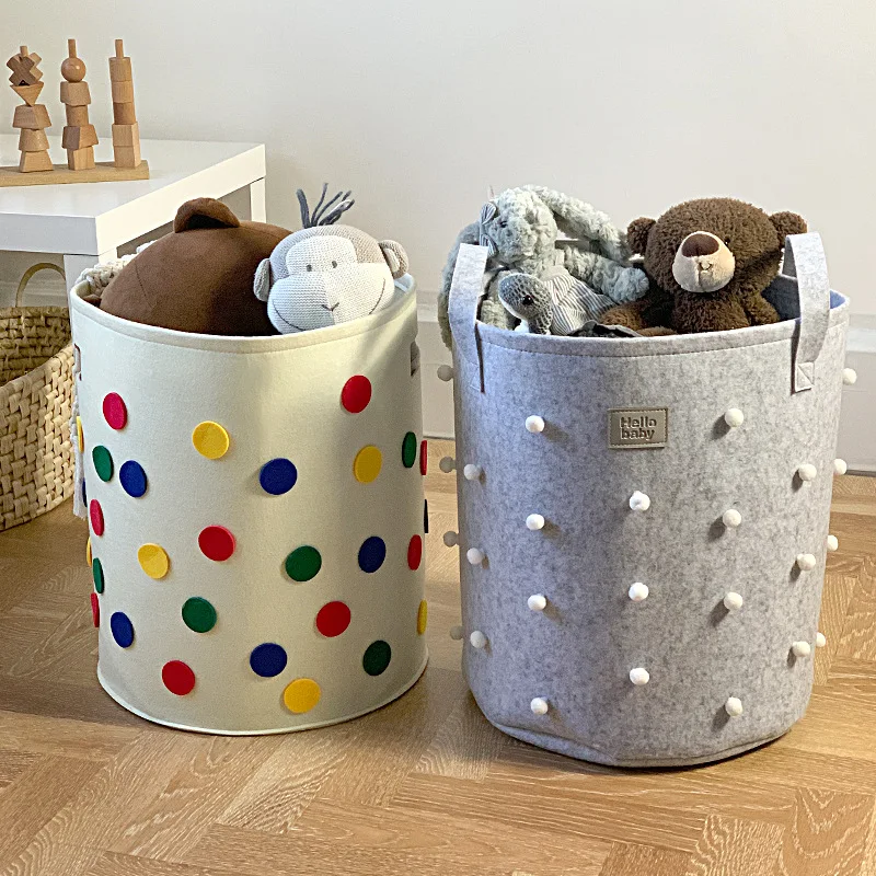 

ROUND BIG FELT TOYS STORAGE BASKET LAUNDRY HAMPER POMPON SUNDRIES CLOTHING BAG HANDLES HOME BEDROOM NEATENING FOLDING ORGANIZER