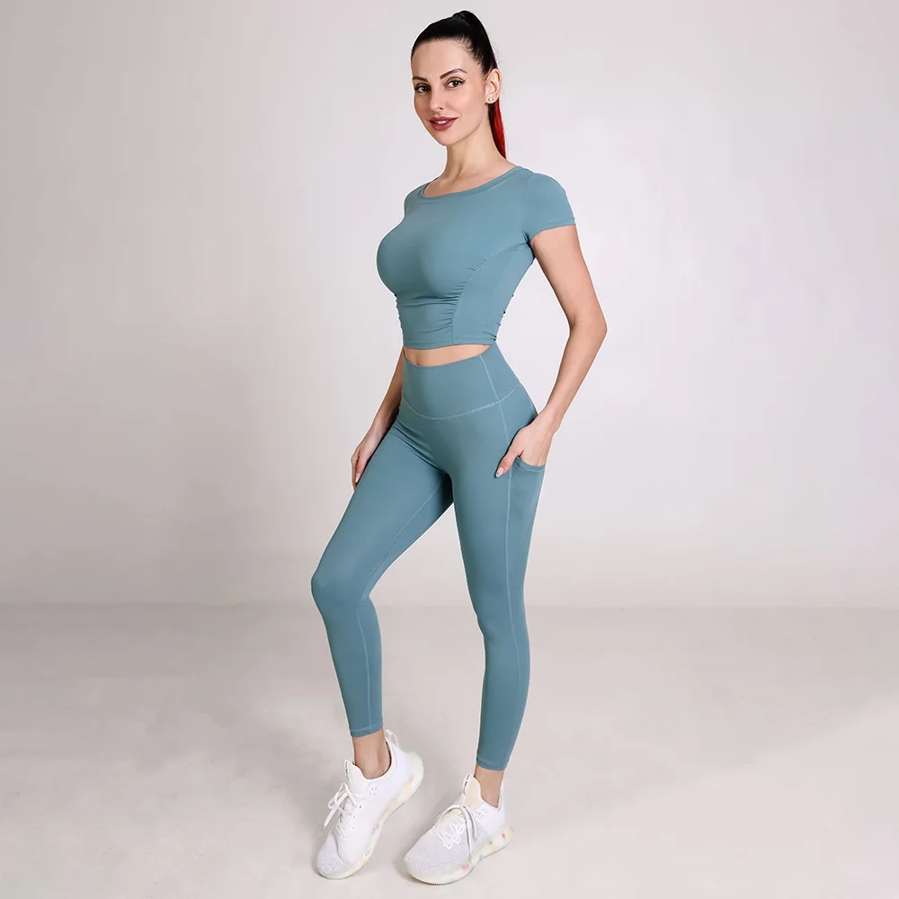 Stage clothes, dance clothes, double-sided yoga clothes, women's slim fit, pleated T-shirt with breast pad, pocket style suit
Stage clothes, dance clothes, double-sided yoga clothes, women's slim fit, pleated T-shirt with breast pad, pocket style suit