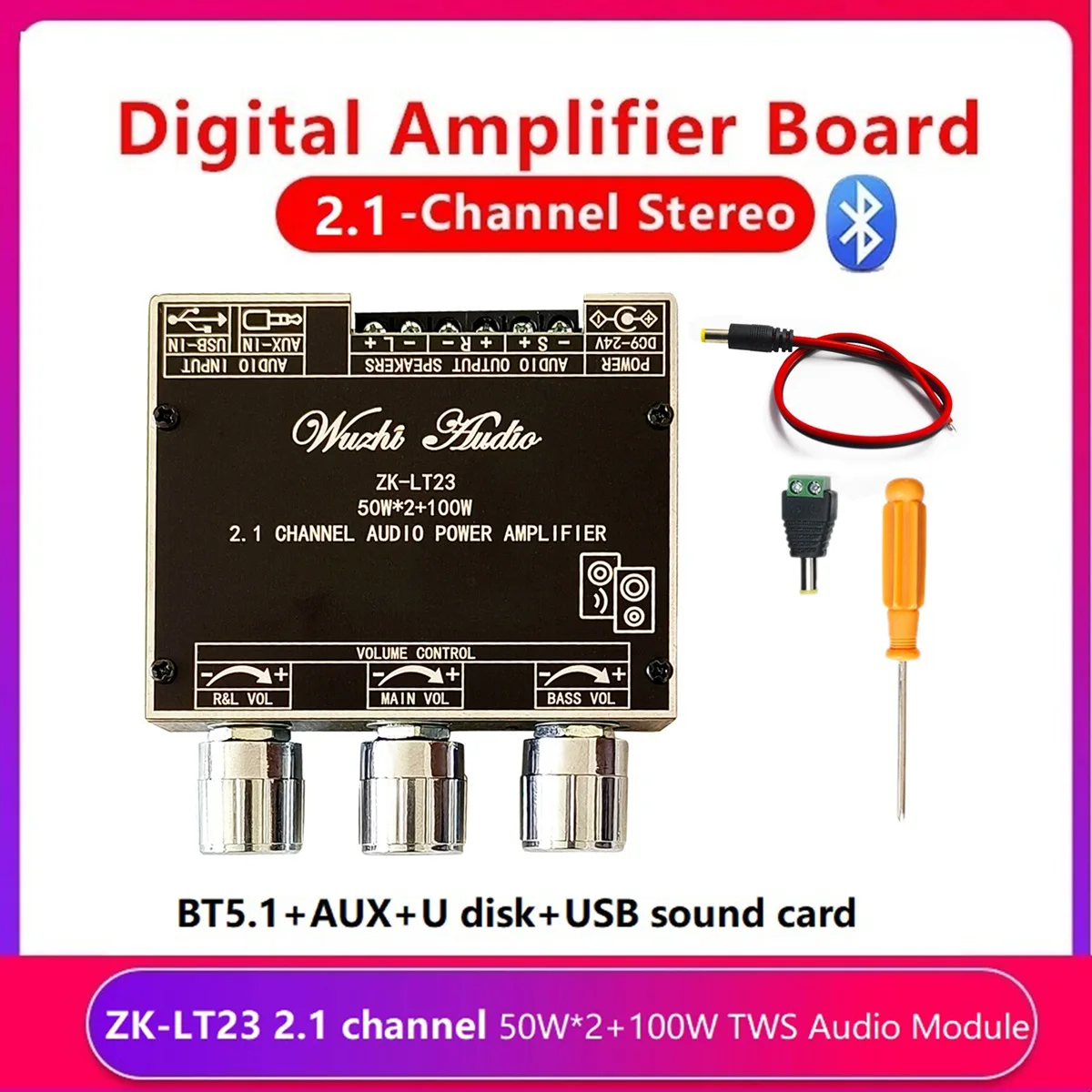 ZK-LT23 Bluetooth Audio Amplifier Board with DC Cable 2.1 Channel 50Wx2+100W Subwoofer TWS True Wireless Audio Module
ZK-LT23 Bluetooth Audio Amplifier Board with DC Cable 2.1 Channel 50Wx2+100W Subwoofer TWS True Wireless Audio Module