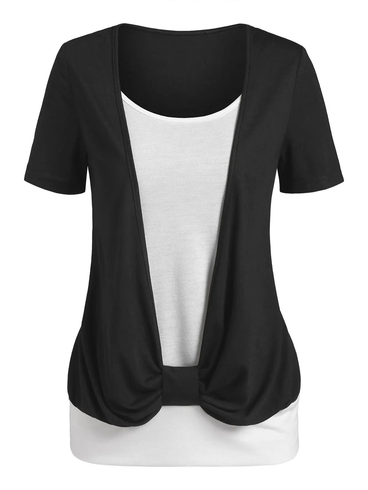 

Bow Detail Two Tone Faux Twinset T-shirt Women 2 In 1 Tee Twofer Tee T Shirt Contrast Tee Black And White
