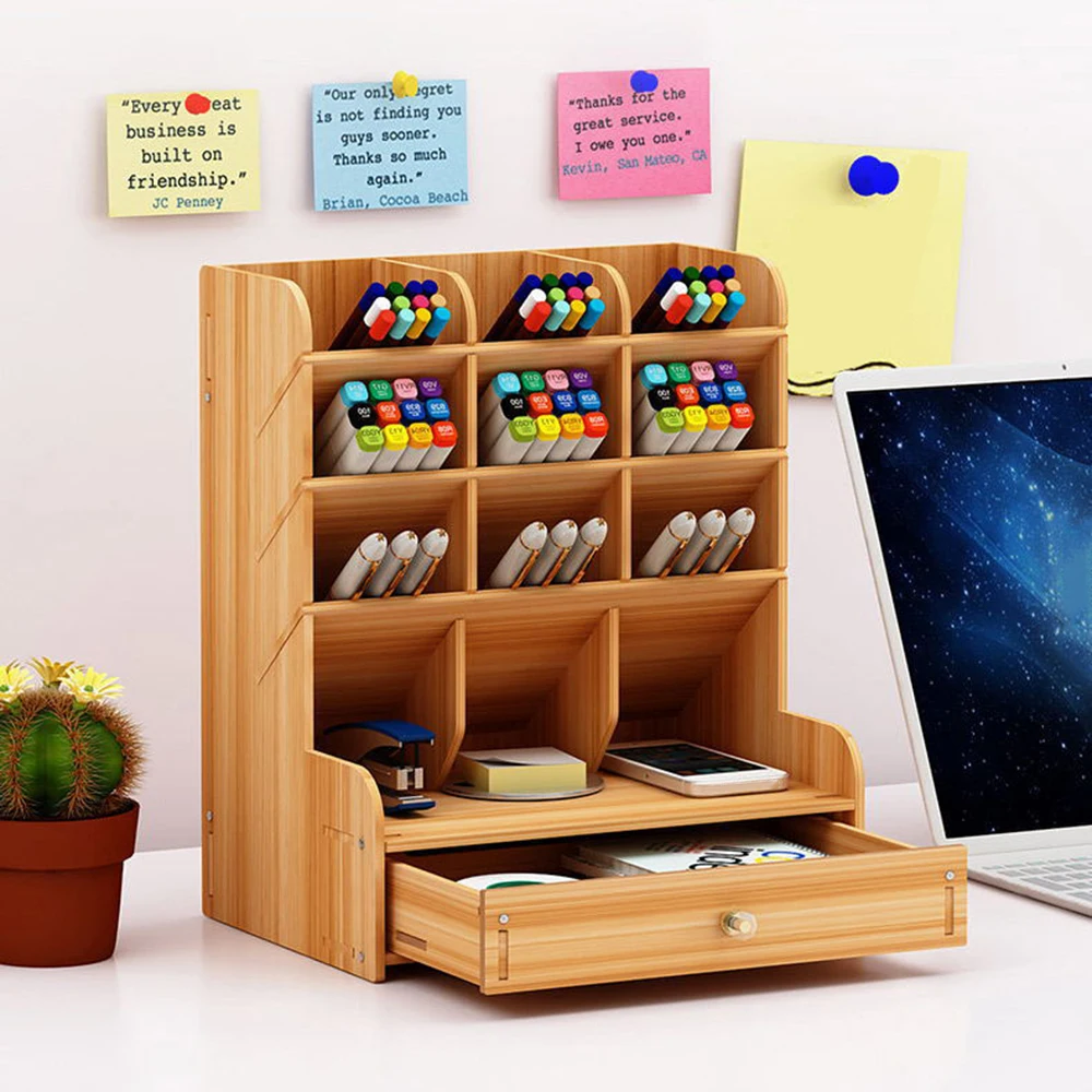 

Wooden Desktop Organizer Multi-functional Pen Holder Storage Box Desktop Stationary Storage with Drawer for Home Office School