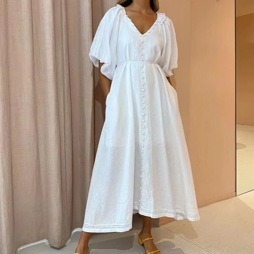 Hollow Out Embroidery Women Linen Midi Dress V Neck Half Lantern Sleeve Single Breasted lady robe
Hollow Out Embroidery Women Linen Midi Dress V Neck Half Lantern Sleeve Single Breasted lady robe