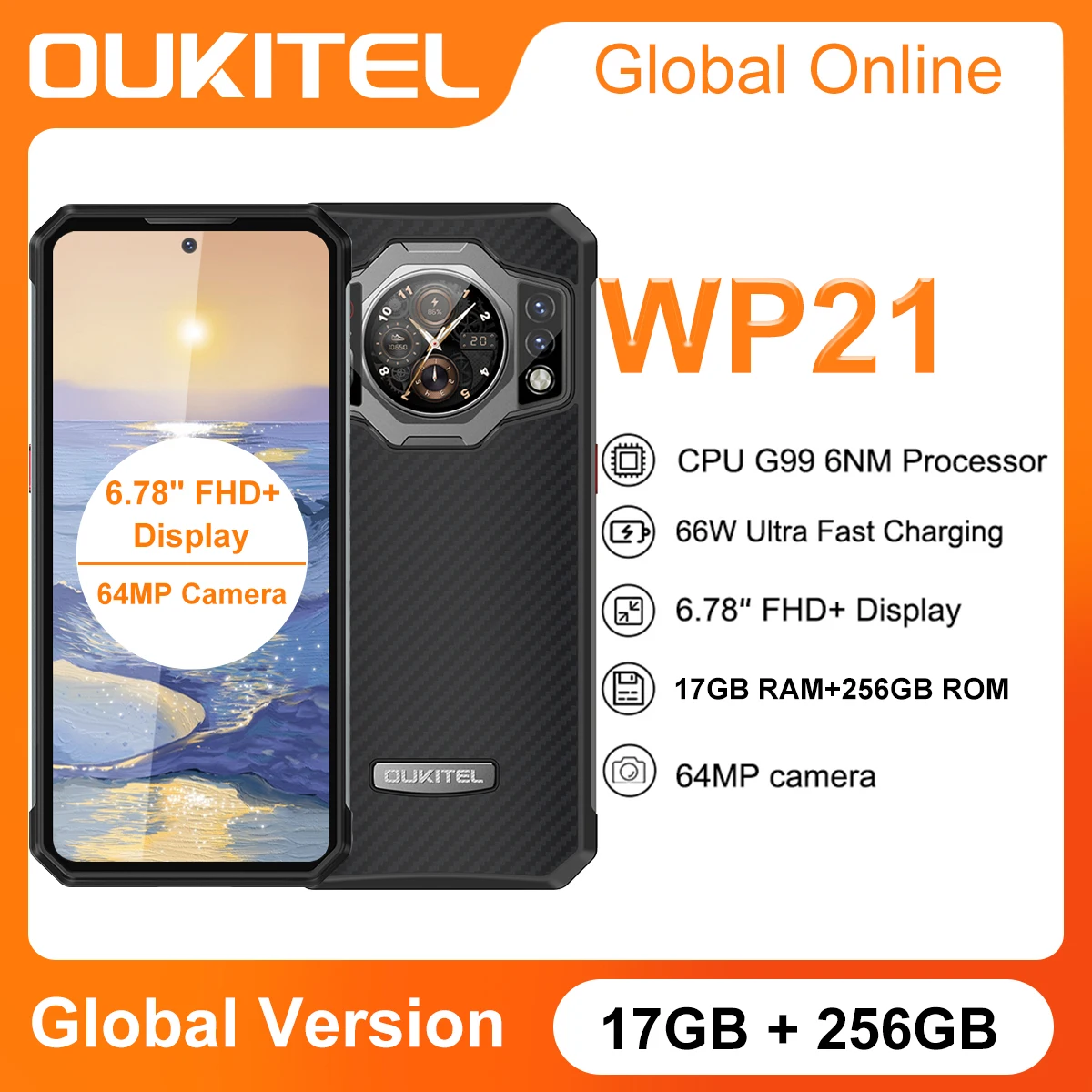 

Oukitel WP21 Rugged Night Vision Smartphone 12GB 256GB 64MP Camera 66W Fast Charge Cell Phone 6.78 FHD+ 9800 mAh Helio G99 Mobil