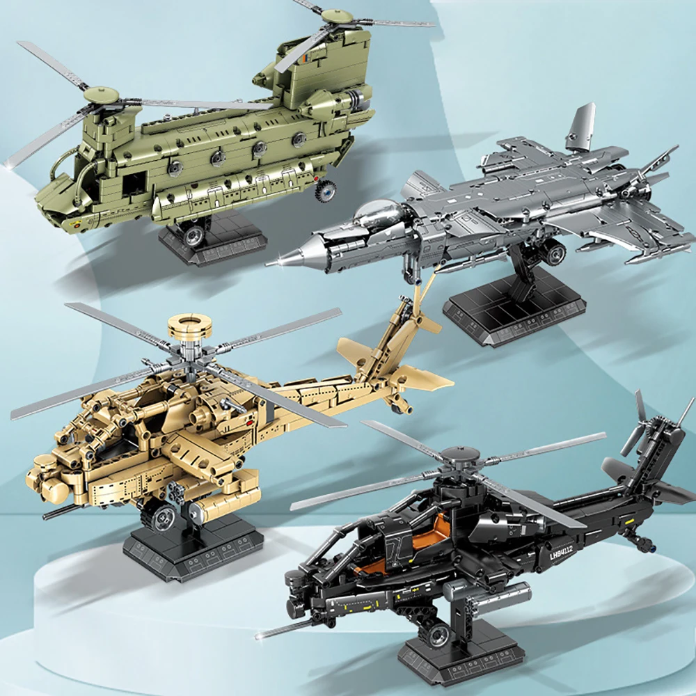 

Military Z-10 Helicopter AH-64 Apache J-20 Fighter CH-47 Aircraft Building Blocks Airplane Air Force Brick Boy Toy Gift for Kid