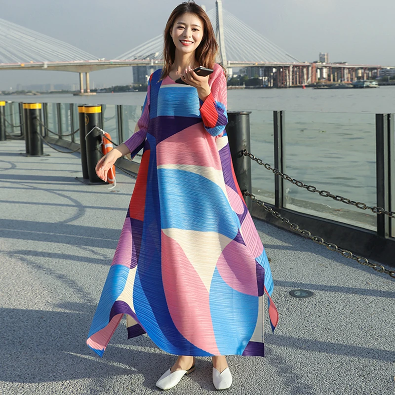 Summer Elegant Miyak Pleated Long Dress Women Round Neck Three-quarter Sleeves Printed Loose Casual A-line Dress Female Clothes
Summer Elegant Miyak Pleated Long Dress Women Round Neck Three-quarter Sleeves Printed Loose Casual A-line Dress Female Clothes