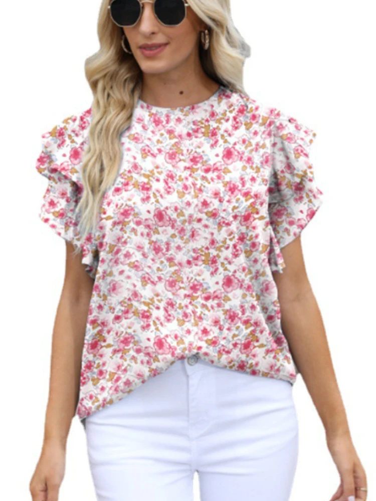 Womens Round Neck Print Ruffled Short Sleeve Chiffon Floral Pullover T-shirt Tops
Womens Round Neck Print Ruffled Short Sleeve Chiffon Floral Pullover T-shirt Tops