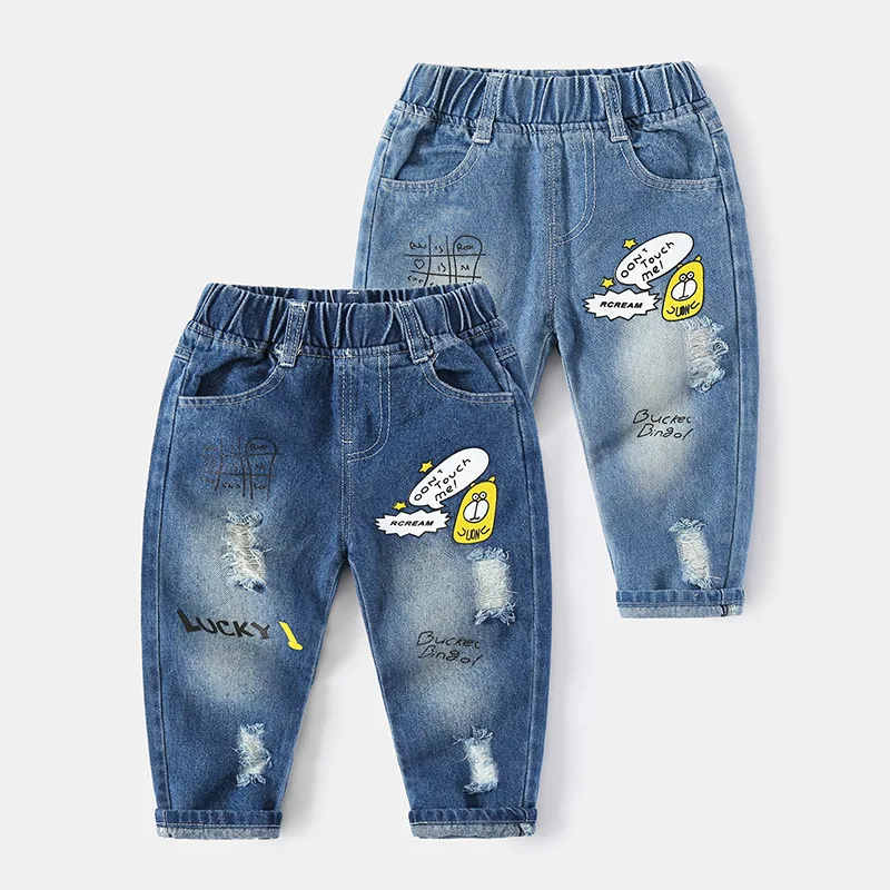 

Baby Cartoon Jeans Casual Distrressed Boys Denim Pants Girls Cotton Straight Spring Trousers Blue Size 90-130 Fashion Outfits