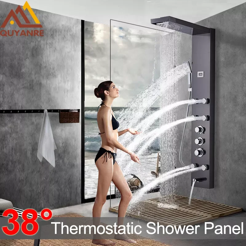 

Black Nickel Rainfall Waterfall Shower Panel Massage Jets Shower Column Thermostatic Mixer Shower Faucet Tower Shower Tub Spout