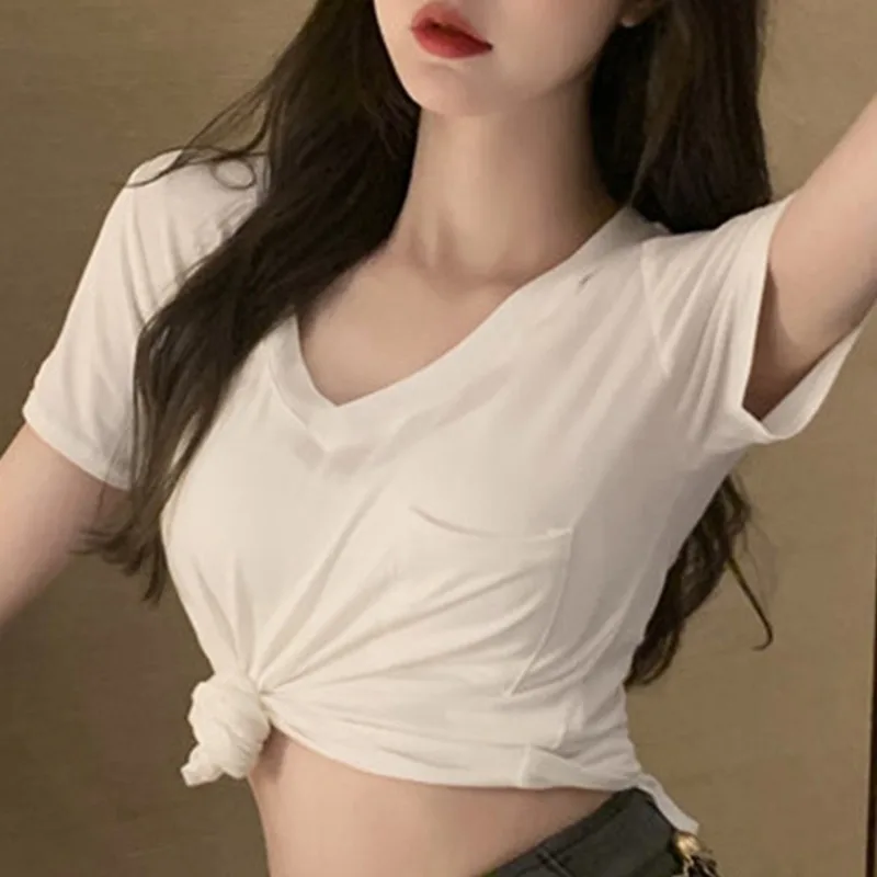Cotton Women Cotton T-shirt Solid Thin Crop Top Summer Clothes Korean Ladies Aesthetic Pockets Asymmetrical V Neck Short Sleeve
Cotton Women Cotton T-shirt Solid Thin Crop Top Summer Clothes Korean Ladies Aesthetic Pockets Asymmetrical V Neck Short Sleeve
