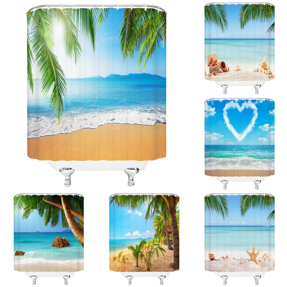 

Tropical Landscape Shower Curtain 3D Ocean Beach Starfish Shell Palm Tree Scenery Waterproof Bathroom Decor Curtains With Hooks