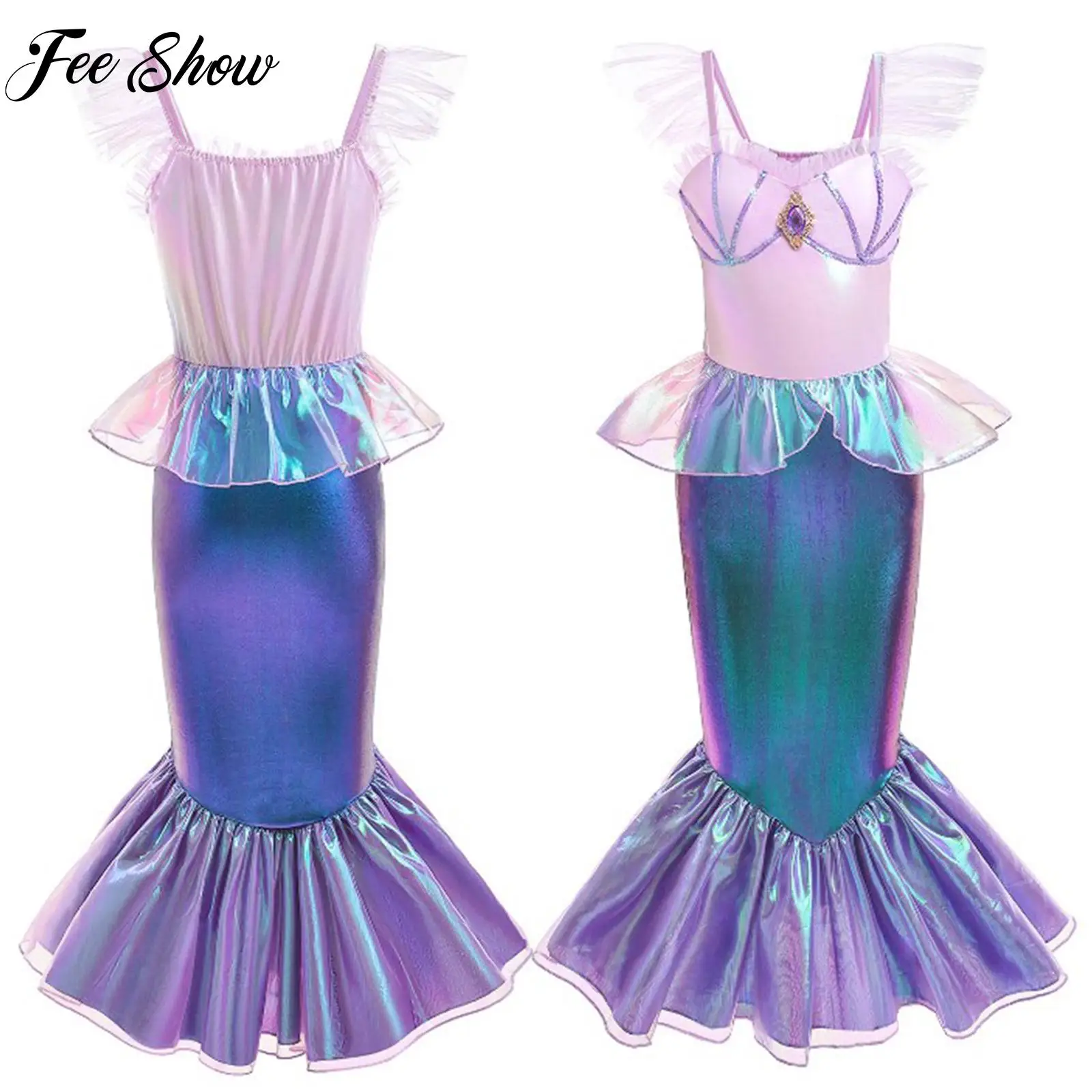 

Girls Halloween Birthday Mermaid Costume Dress Swimwear Party Dancewear Flounce Peplum Fishtail Skirt Cosplay Performance Dress