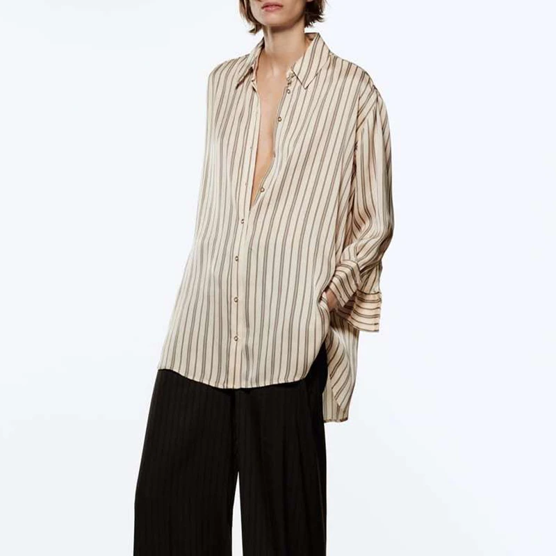 2022 Spring Women Fashion Silk Satin Texture Vertical Striped Shirt Casual Loose Long Sleeve Single-breasted Lapel Shirt CD8441
2022 Spring Women Fashion Silk Satin Texture Vertical Striped Shirt Casual Loose Long Sleeve Single-breasted Lapel Shirt CD8441