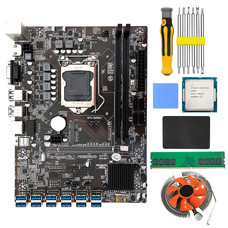 B250C BTC Mining Motherboard with G3900 CPU+Fan+8G DDR4 RAM+120G SSD+Screwdriver 12 USB3.0 Slots LGA1151 SATA3.0+MSATA
B250C BTC Mining Motherboard with G3900 CPU+Fan+8G DDR4 RAM+120G SSD+Screwdriver 12 USB3.0 Slots LGA1151 SATA3.0+MSATA