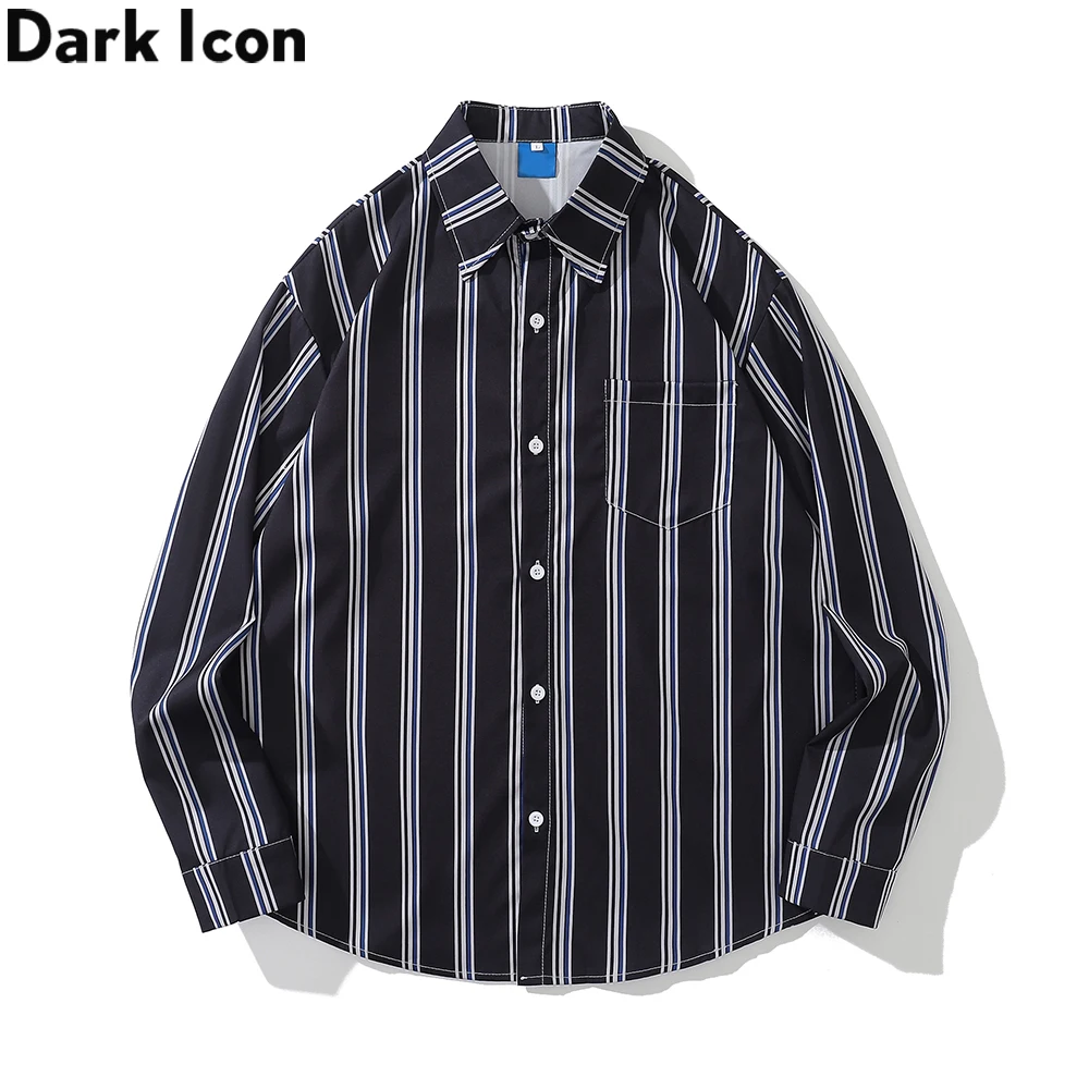 

Dark Icon Stripe Button Up Long Sleeved Hawaiian Shirts Autumn Thin Material Man Blouse 2 Colors