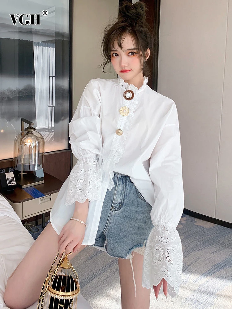 

Женская блузка на пуговицах VGH, Повседневная белая рубашка с воротником-стойкой и длинным рукавом, стильная весенняя одежда в Корейском сти...