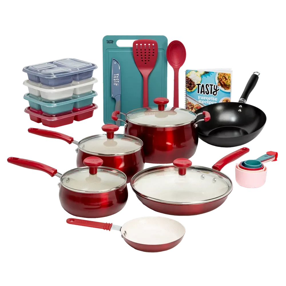 Ceramic 24 Piece Non-Stick Aluminum Cookware Set, Red 
Ceramic 24 Piece Non-Stick Aluminum Cookware Set, Red