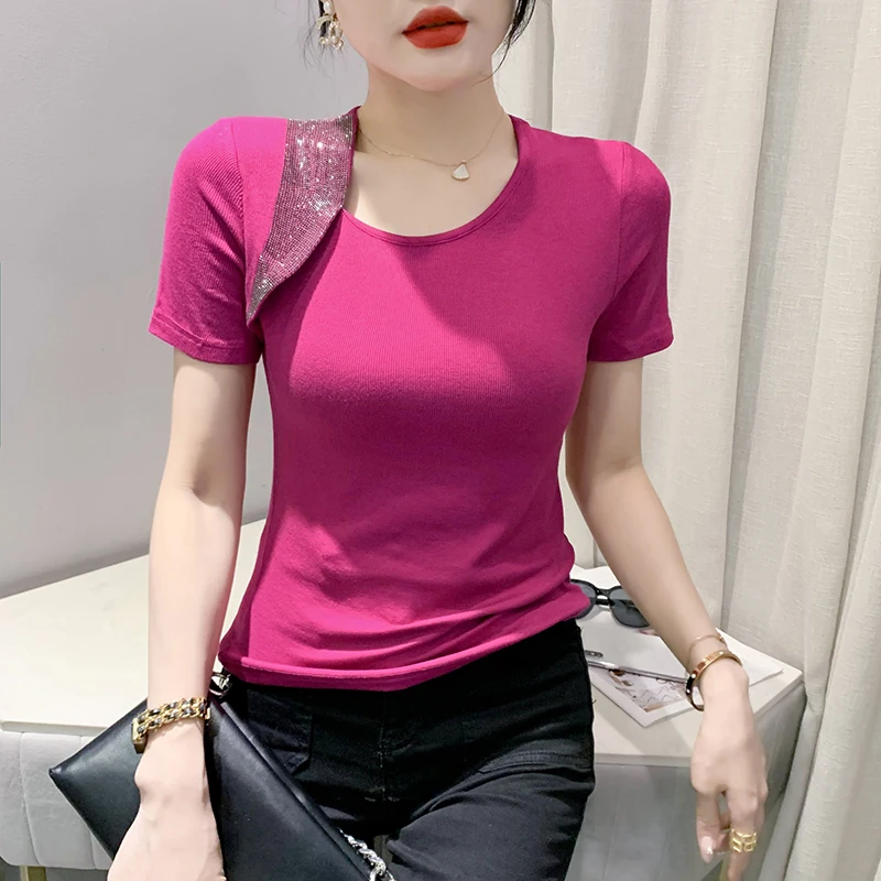 2023 New Summer Korean Clothes Cotton T-Shirt Women Fashion Sexy Skew Collar Shiny Diamonds Tops Short Sleeve Casual Tees 35059
2023 New Summer Korean Clothes Cotton T-Shirt Women Fashion Sexy Skew Collar Shiny Diamonds Tops Short Sleeve Casual Tees 35059