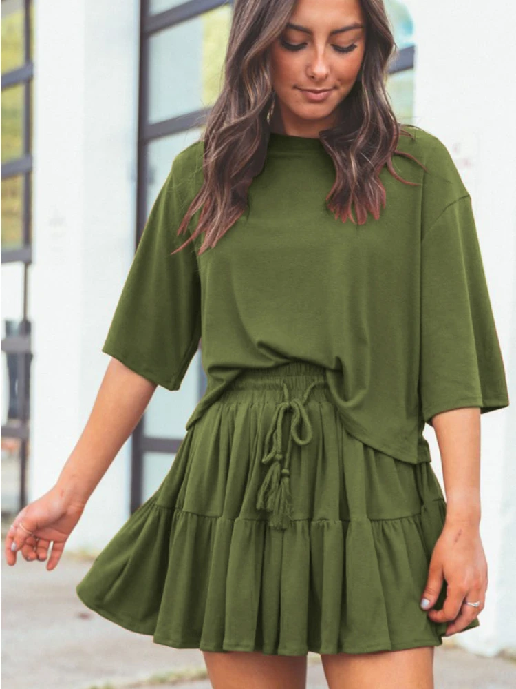 Summer Women Solid Half Sleeve O Neck Loose T Shirt + Drawstring Pleated Short Skirt 2 Piece Dress Sets Office Casual Street
Summer Women Solid Half Sleeve O Neck Loose T Shirt + Drawstring Pleated Short Skirt 2 Piece Dress Sets Office Casual Street