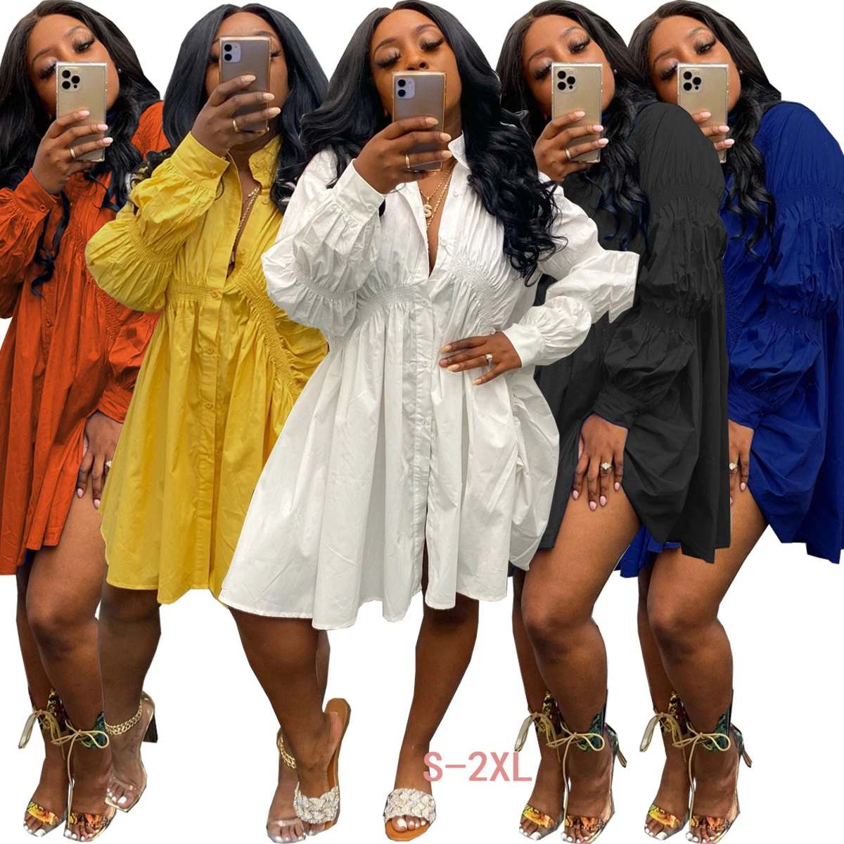 2022 summer solid color round neck irregular pleated puff sleeve pleated loose solid color dress S-2XL 
2022 summer solid color round neck irregular pleated puff sleeve pleated loose solid color dress S-2XL