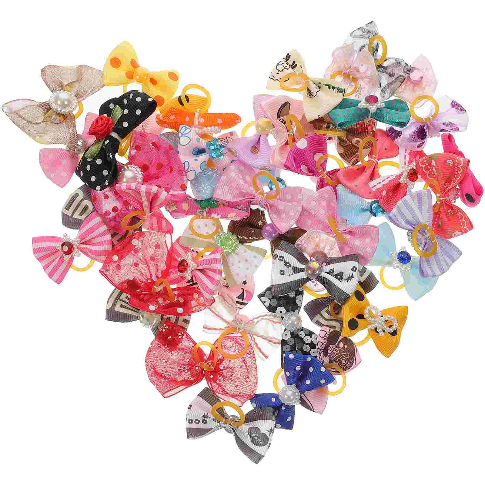 

50pcs Pets Hair Bows with Rubber Band and Pearl Headress Elastic Topknots for Puppy Cat Mixed Color