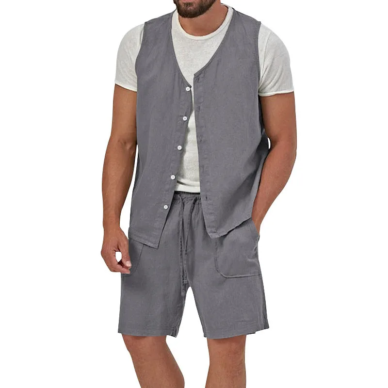 Summer Mens Cotton Linen Two Piece Vintage Sleeveless Button Vest Shirts And Casual Shorts Suits Men Leisure Solid Color Outfit
Summer Mens Cotton Linen Two Piece Vintage Sleeveless Button Vest Shirts And Casual Shorts Suits Men Leisure Solid Color Outfit